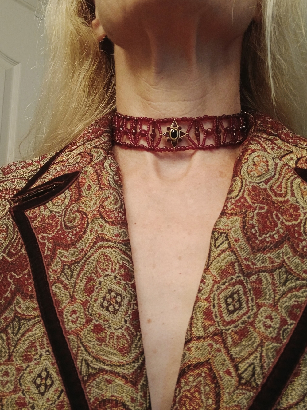 Vintage Whimsygoth Beaded Garnet Choker Necklace Gold Gothic Lattice 12"-14" - Picture 10 of 10